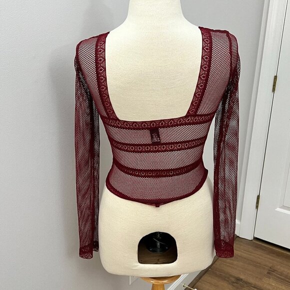 VICTORIA SECRET Burgundy Fishnet Thong Mesh Bodysuit Sz S - Picture 4 of 11